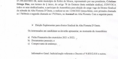 EDITAL DE CONVOCAÇÃO – ASSEMBLEIA DE ELEIÇÃO SUPLEMENTAR DA SUBSEDE DE ALTA FLORESTA D’OESTE– 2022.