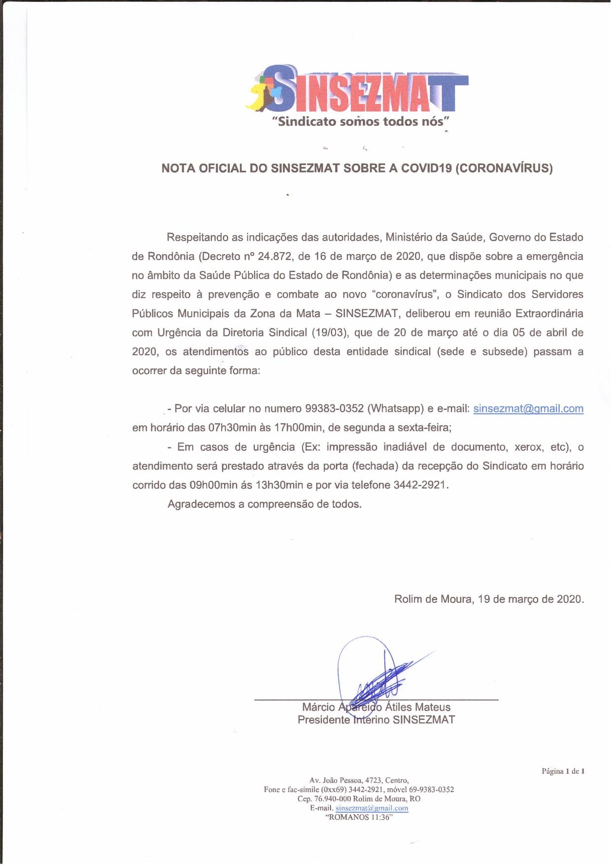  NOTA OFICIAL DO SINSEZMAT SOBRE A COVID19 (CORONAVÍRUS)