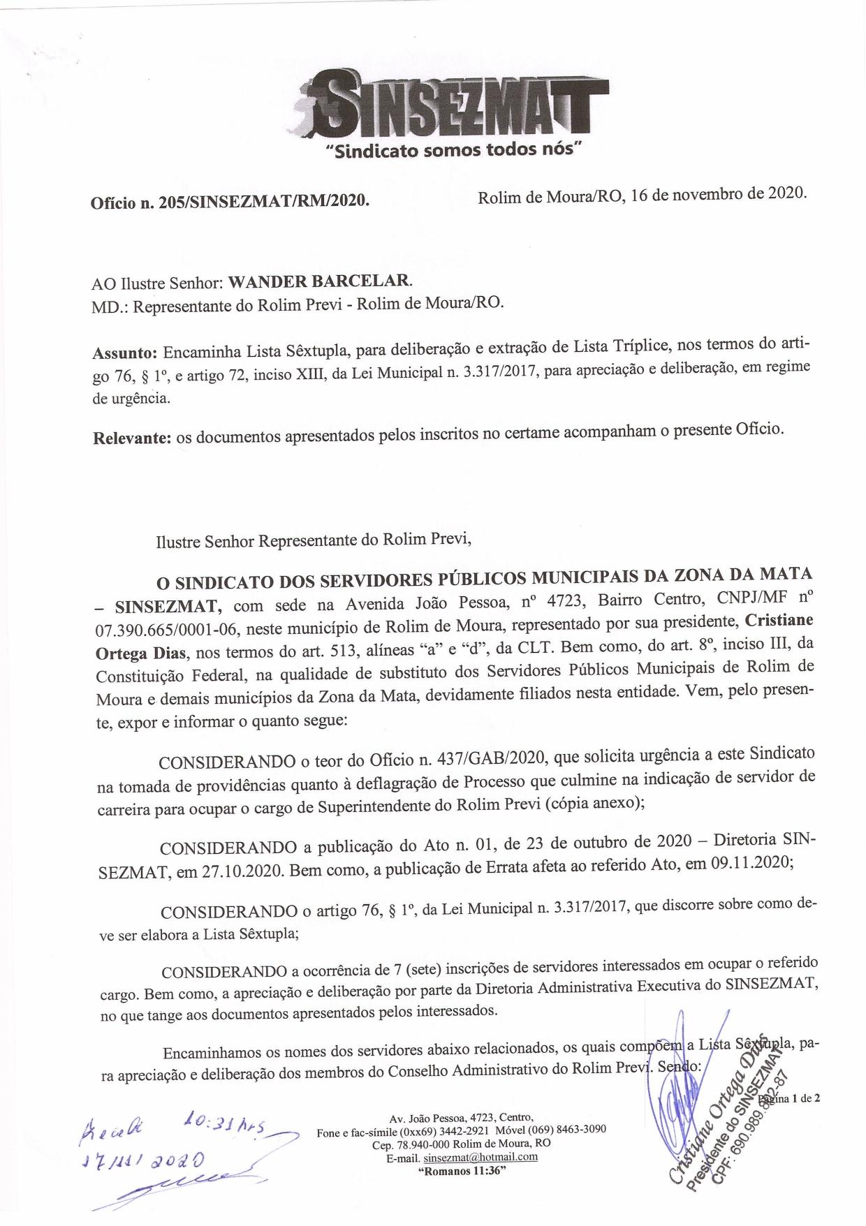 Encaminhamento de Relação de lista sêxtupla ao Conselho Administrativo do Rolim Previ 