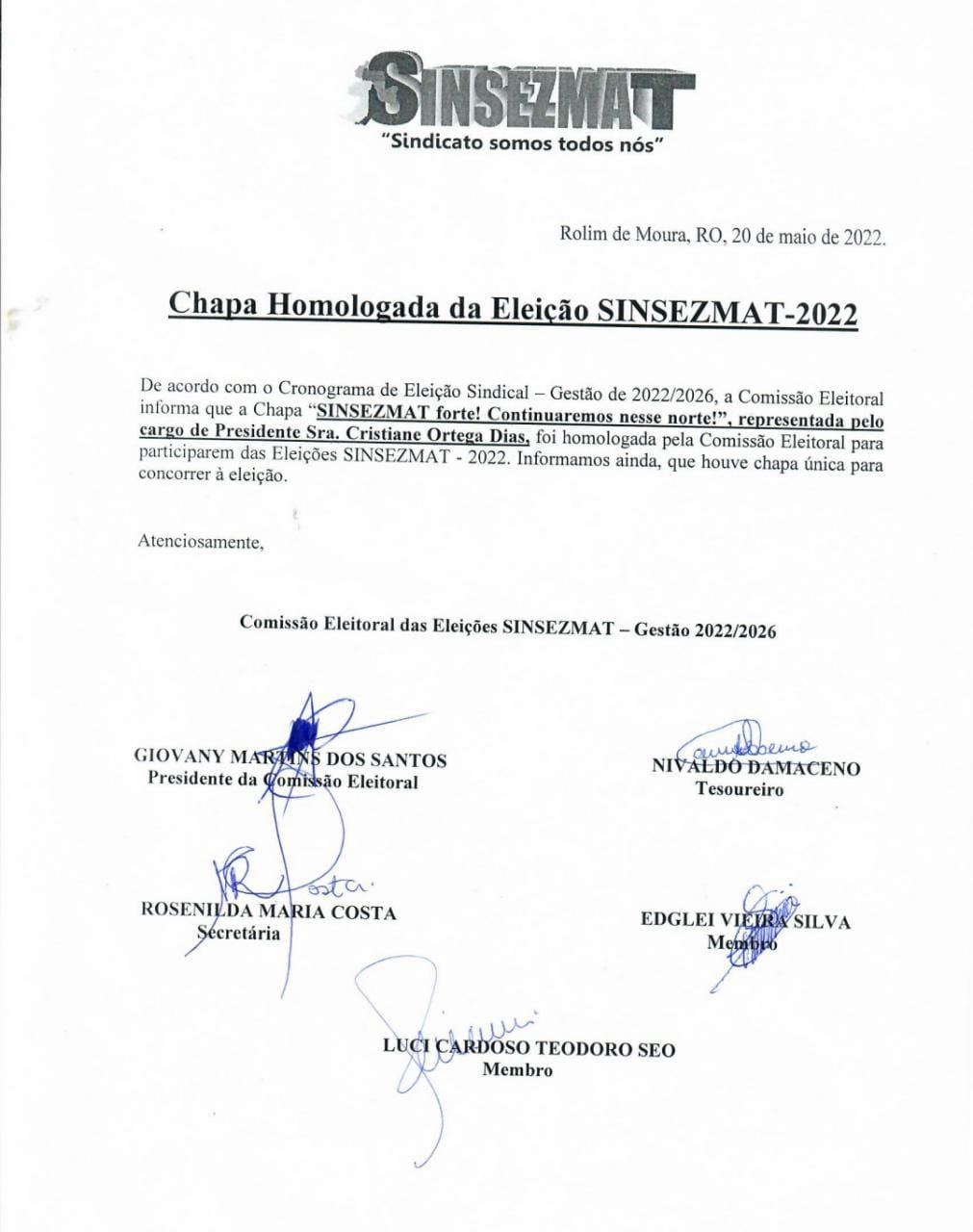 Chapa Homologada da Eleição Sinsezmat 