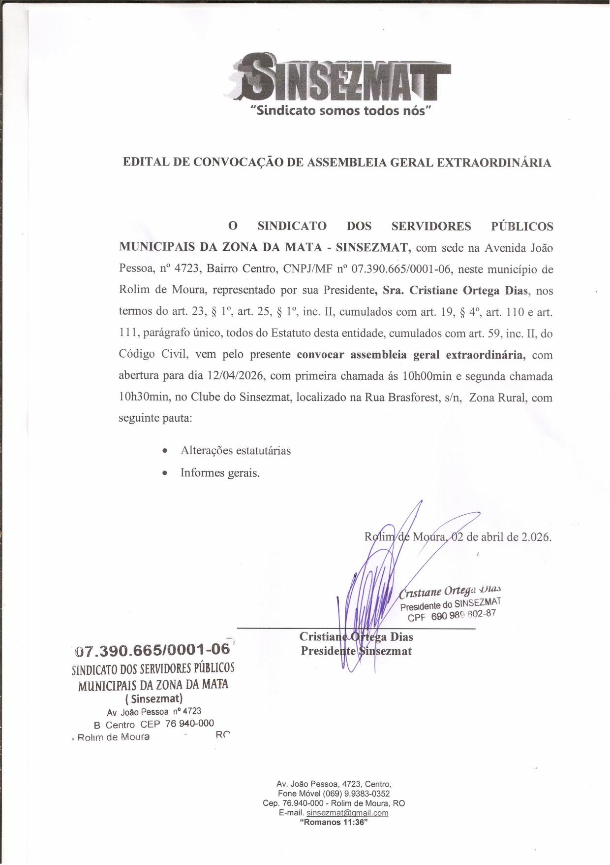 EDITAL DE CONVOCAÇÃO DE ASSEMBLEIA GERAL EXTRAORDINÁRIA