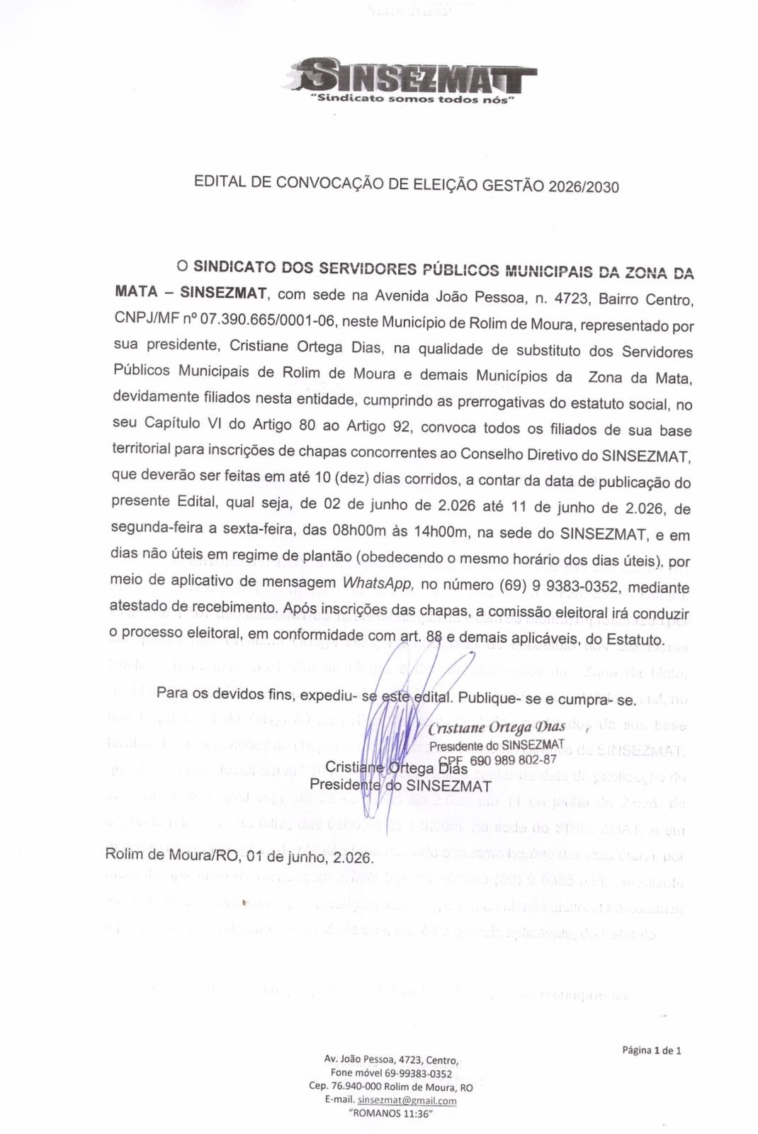 EDITAL DE CONVOCAÇÃO DE ELEIÇÃO GESTÃO 2026/2030